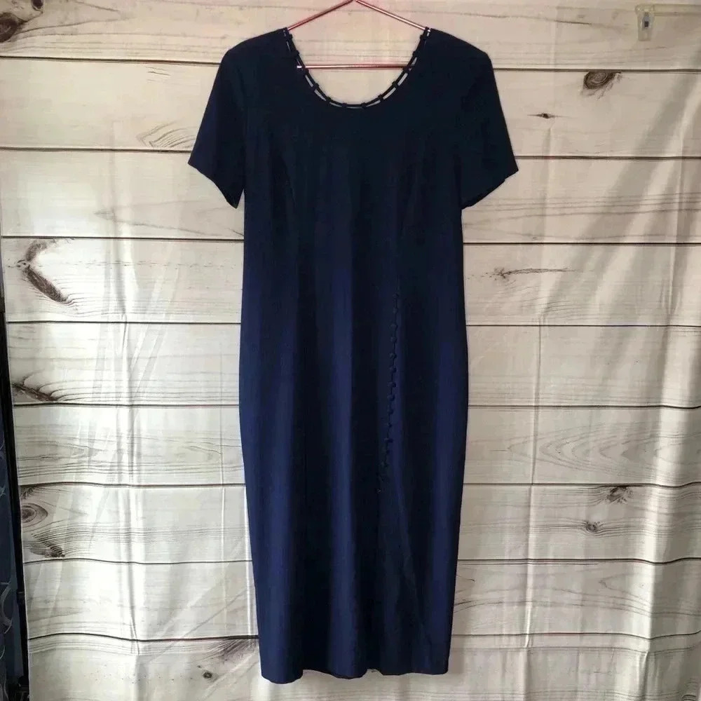 Kathie Lee Sheath Dress Women 14 Navy Blue Midi Short Sleeve Cutout Neckline VTG